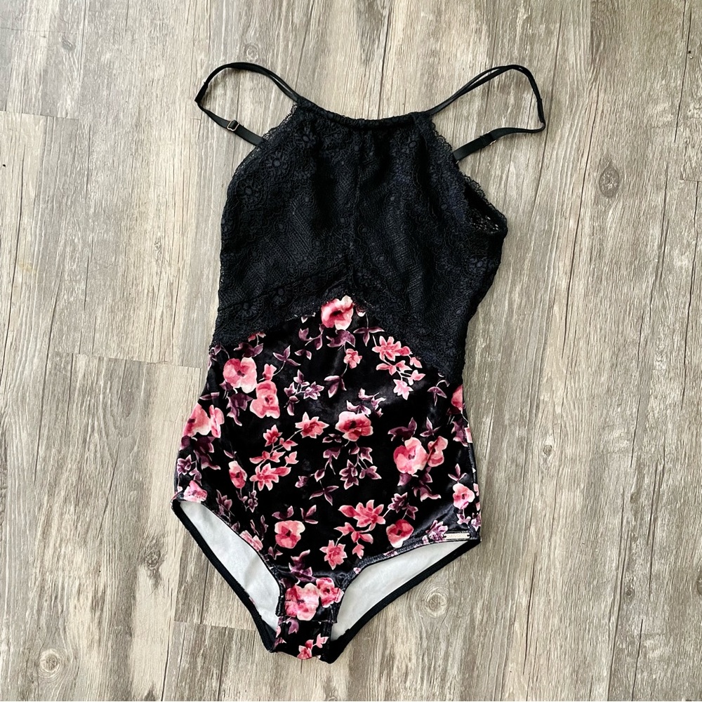 Black Lace & Floral Crushed Velvet Leotard/Bodysuit